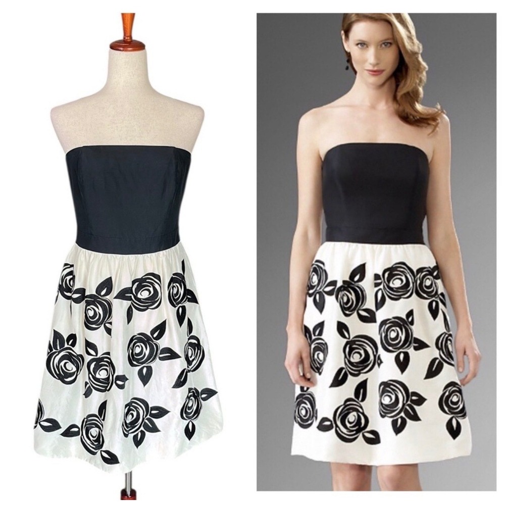 White House Black Market Strapless Silk Dress Womens 0 Black White‎ Floral Rose